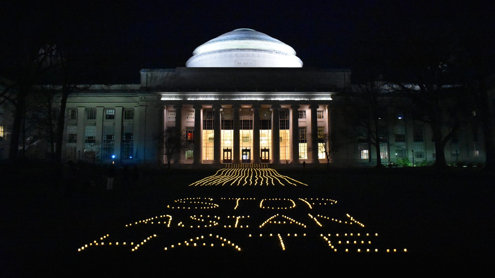 3795 battery powered candles laid out on Killian Court at MIT that spell out "STOP ASIAN HATE".