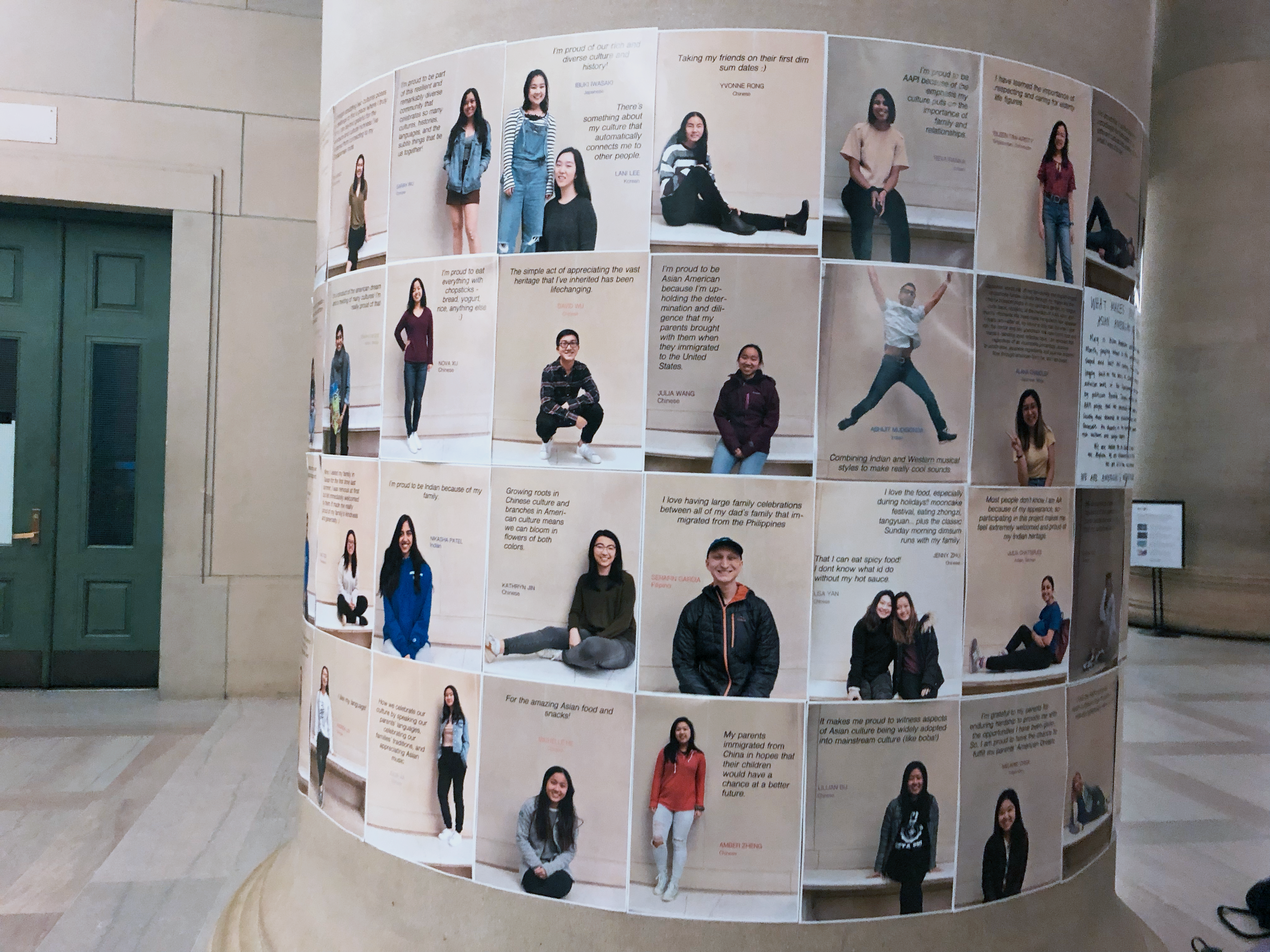 Image of many photos of Asian people at MIT with quotes pasted onto a column