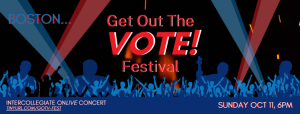 An illustration of people at a concert in blue and red with the text Boston... Get Out the Vote! festival Intercollegiate Online Concert Sunday Oct 11, 6PM