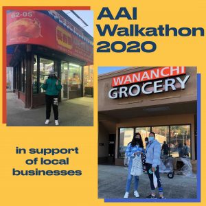 Images of people outside Asian businesses with text saying AAI Walkathon 2020 In Support of Local Businesses on yellow background