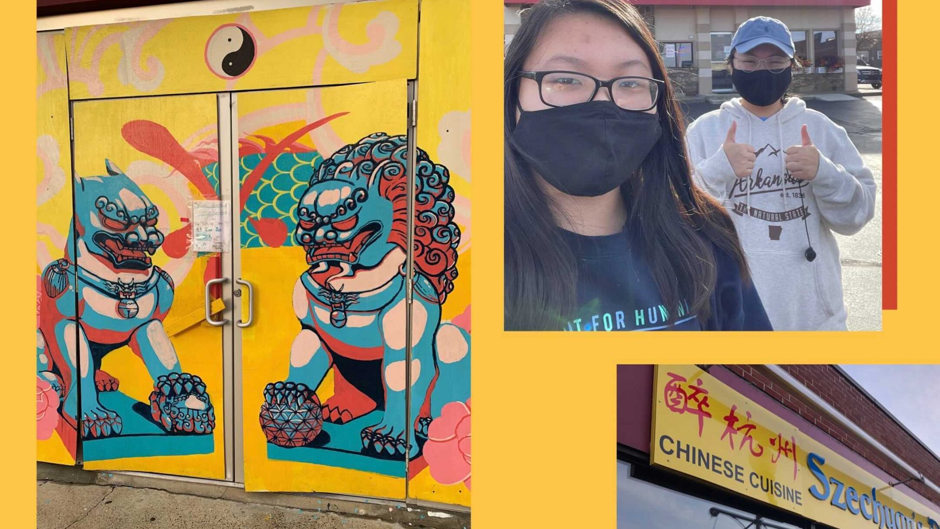 Yellow background. Photo on left: mural of Chinese guardian lions. Photo on top right: two people in front of a restaurant. Photo on bottom right: Chinese restaurant